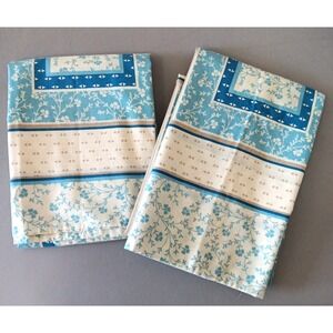 NOS‎ Pillowcases KING Blue Beige Floral Cottage Set of 2 Cotton Prairie Boho VTG